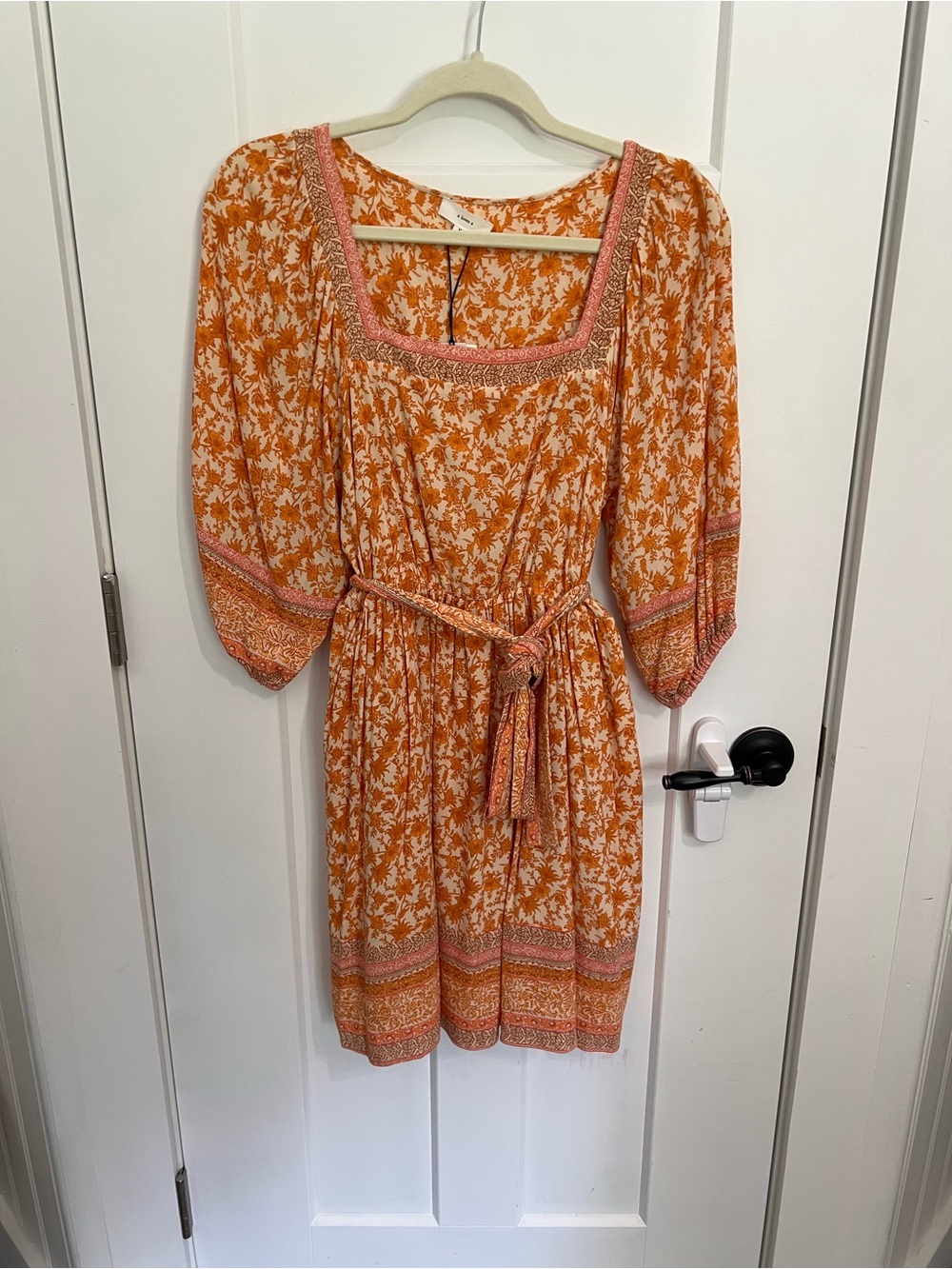 a loves a Square-Neck Orange Floral Belted Mini Dress